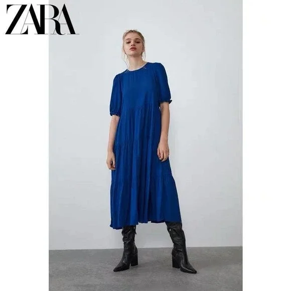 zara pleated dress blue Blue pleated dress ZARA S (4-6) New